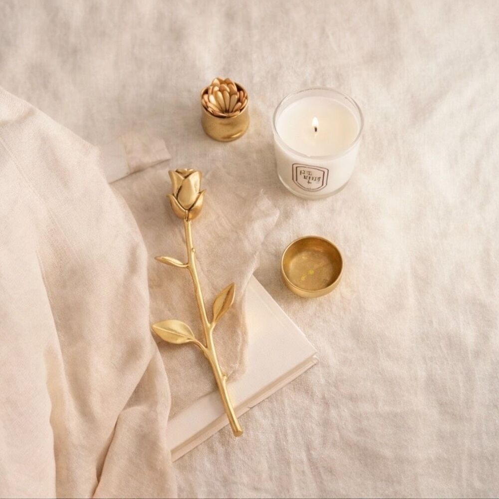 Anthropologie Brass Rose Candle Snuffer 8.5” Gold Floral, NWT